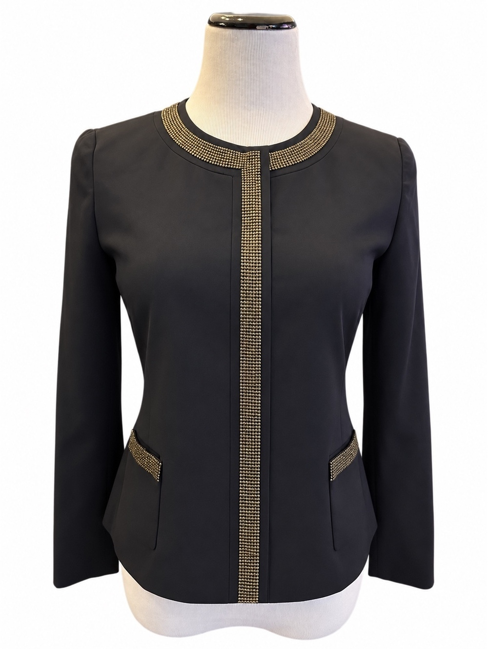 Elie Tahari Collarless Jacket Black Sz 2 Gold Studded Trim